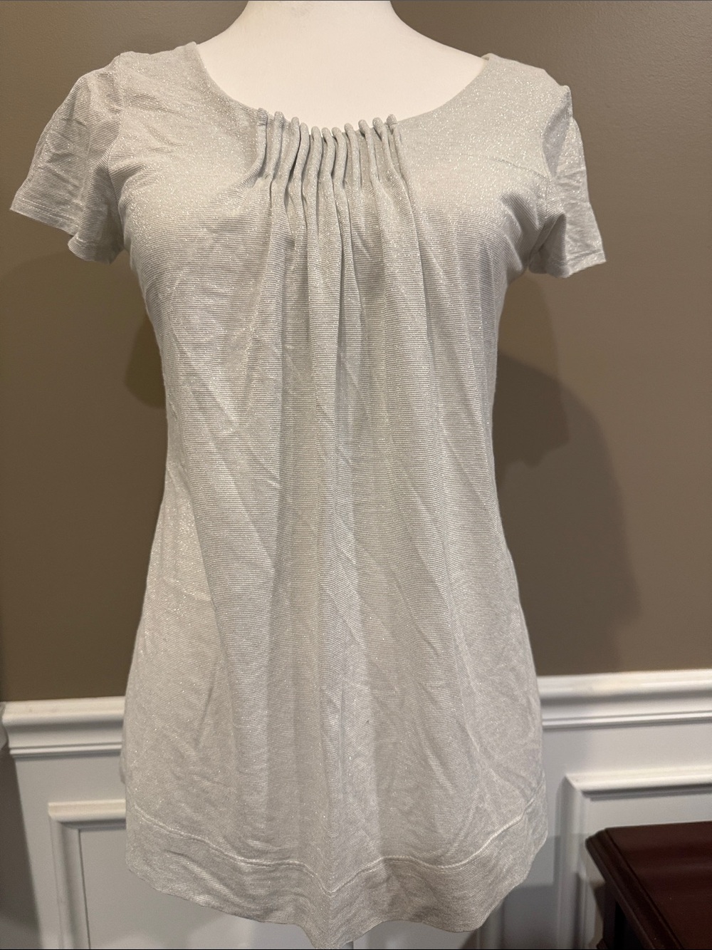 White House Black Market Cream Shimmery Short-Sleeve Pleated Neck Top